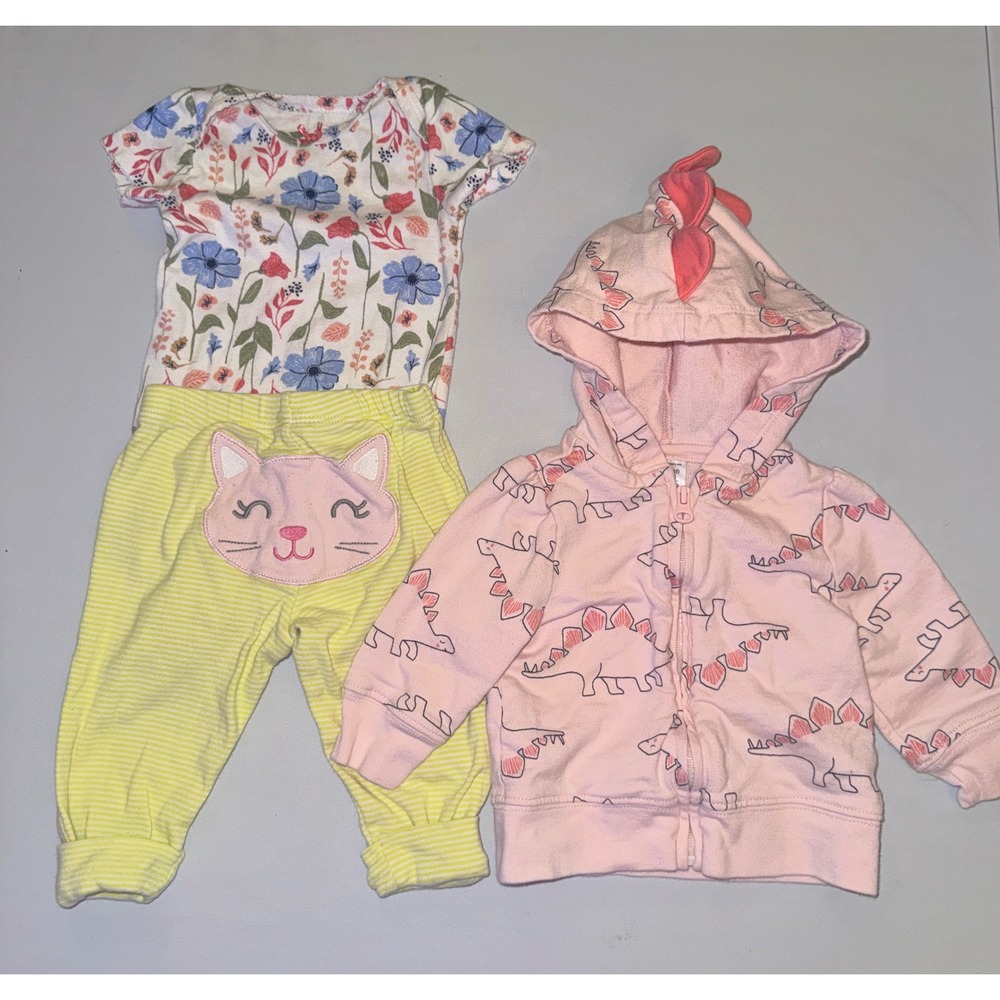 Carter's 3-Piece Outfit Set Baby Girl‎ 3M Pink Yellow Floral Dinosaur Cat Spikes